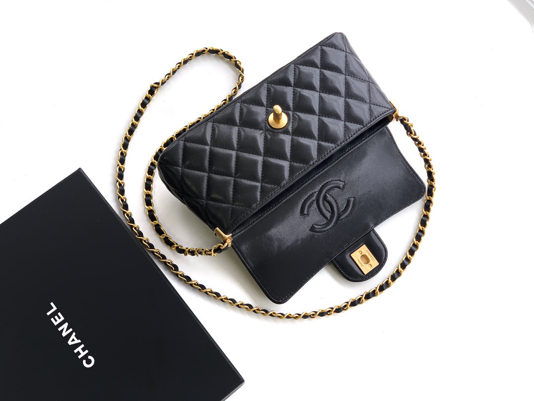 【MINI OHANEL🚩SS2025】Vintage Black-Gold Kelly Bag - 3-Way Convertible Luxury Handbag (12x22x6cm) with Premium Hardware