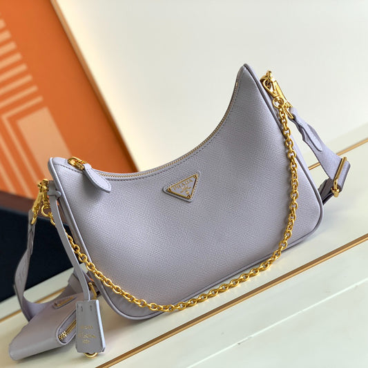 2025 Upgraded Saffiano Hobo Bag 22x18x6.5cm - Detachable 3-Piece Set (Strap+Chain+Pouch) with Keyring & Enamel Triangle