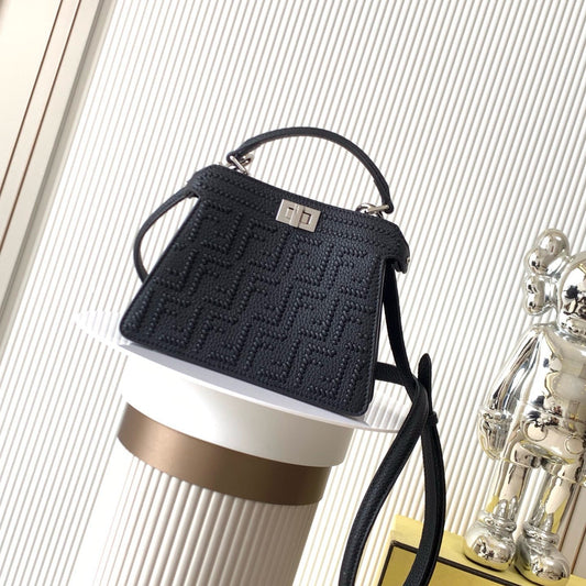 Fendi Signature FF Jacquard Woven Tote Bag in Black Cuoio Romano Calfskin Leather with Silver Hardware