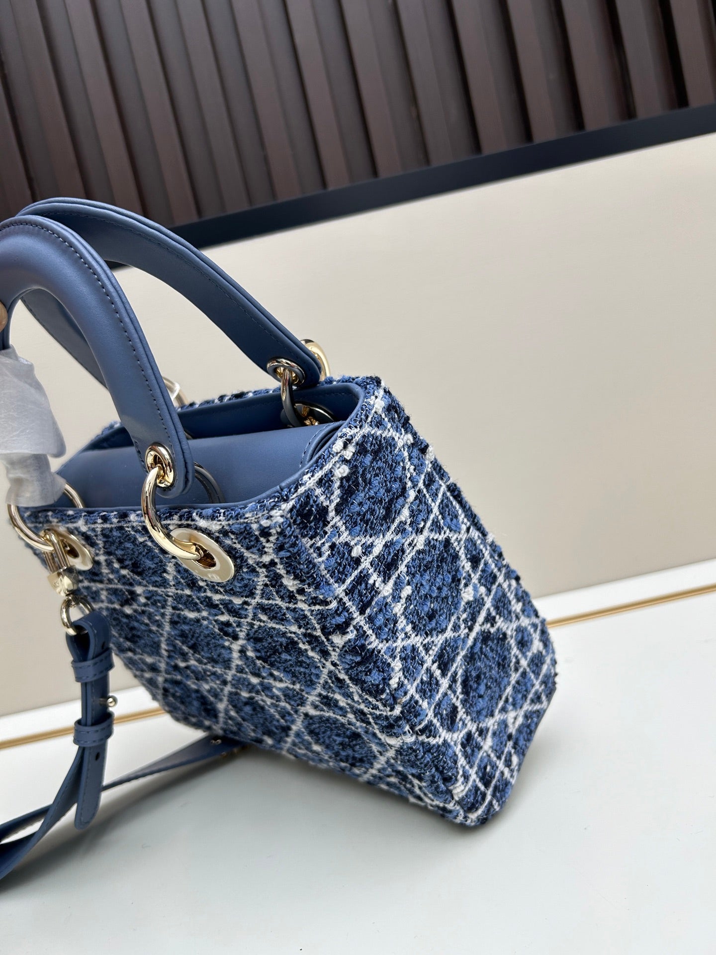 DIOR 2024 Early Spring New Arrival Black Tweed Cannage Embroidery Handbag with Pale Gold Charm, 20cm