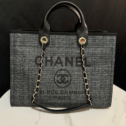 Chanel Deauville Oversized Denim Canvas Beach Tote | Seasonal Raffia-Trimmed Shopper for Travel & Mother Bag