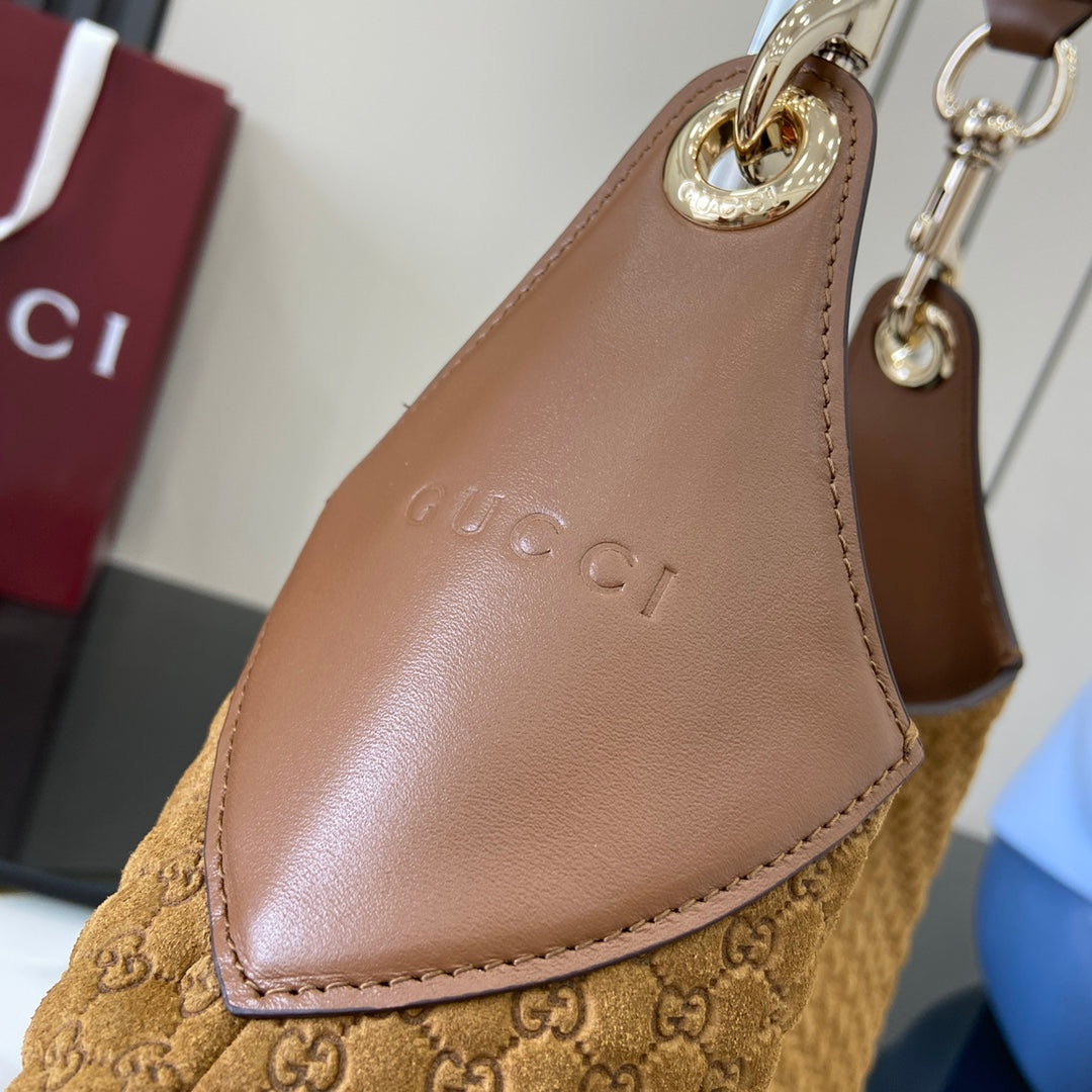 Gucci Body Double-Lock Shoulder Bag - Vintage 1950s Inspired Brown GG Suede with Adjustable Strap