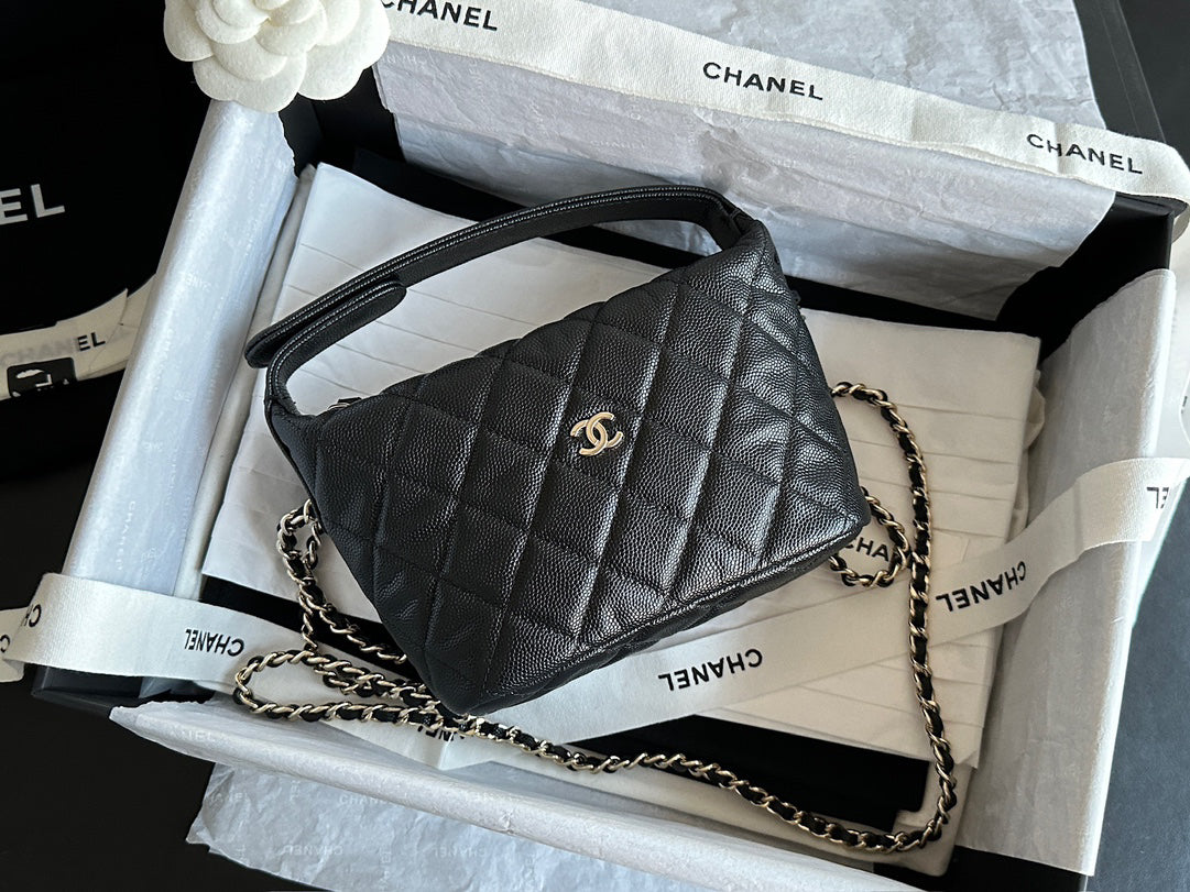 Chanel 25C Black Gold HAAS Caviar Calfskin Lunch Box Bag | Original Mid-Grain Embossed Texture + Champagne Gold Steel Clasp | 21.5x19x6cm Exclusive