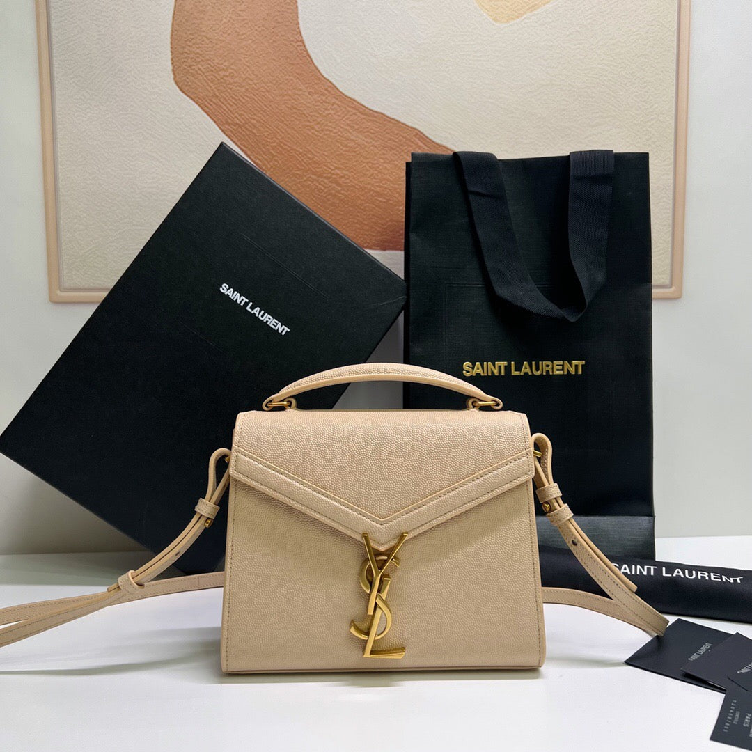 CASSANDRA Mini Grained Leather Handbag - Celebrity Same Style, Beige Caviar, YSL Turn-Lock, Adjustable Strap, Spacious Compartments