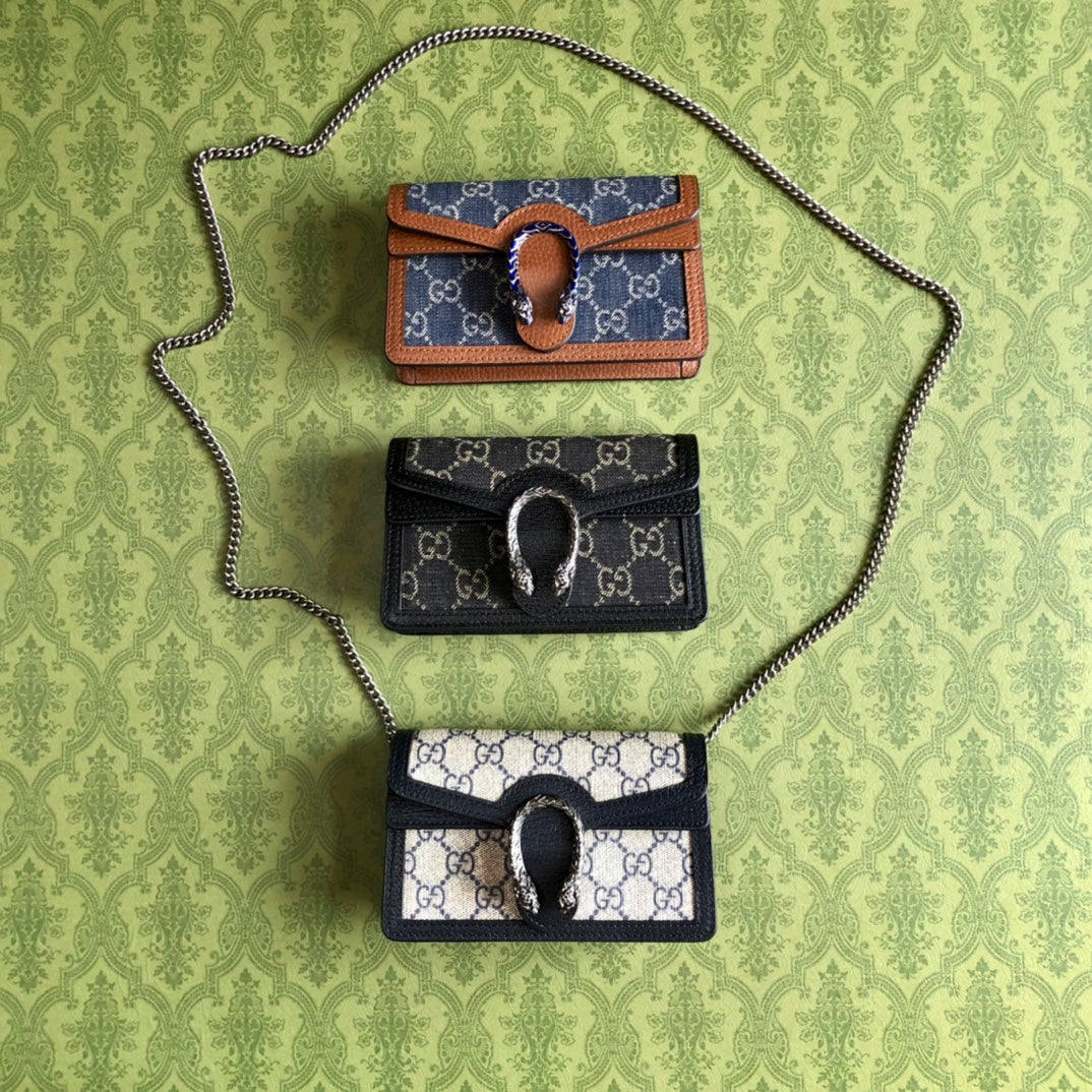 Gucci Dionysus Black Denim Mini Chain Bag Tiger Head Closure Style 476432