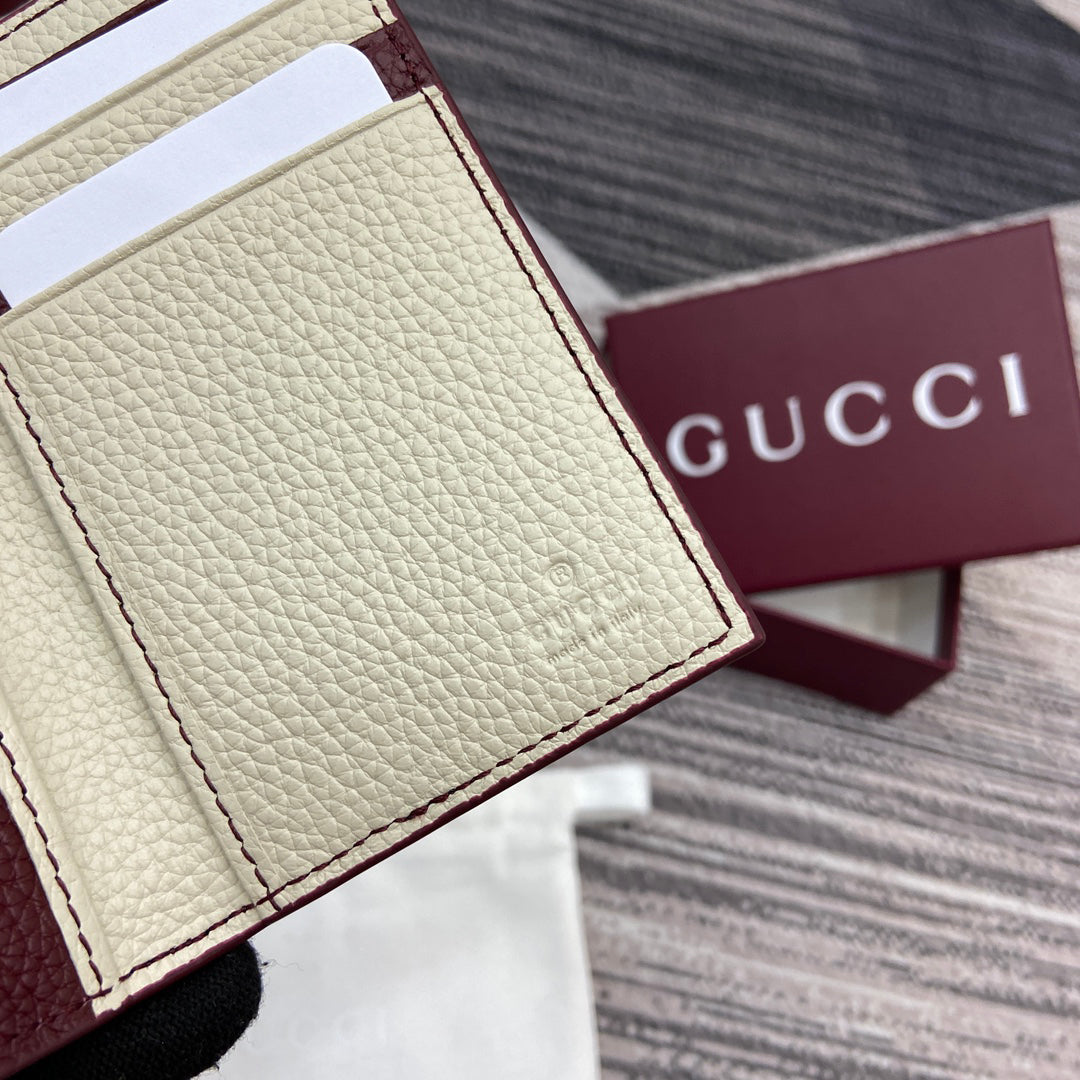 Gucci 2025 Early Spring Collection Deep Blue-Oat Calfskin Leather Bifold Wallet - Contrast Motif, Timeless Revival