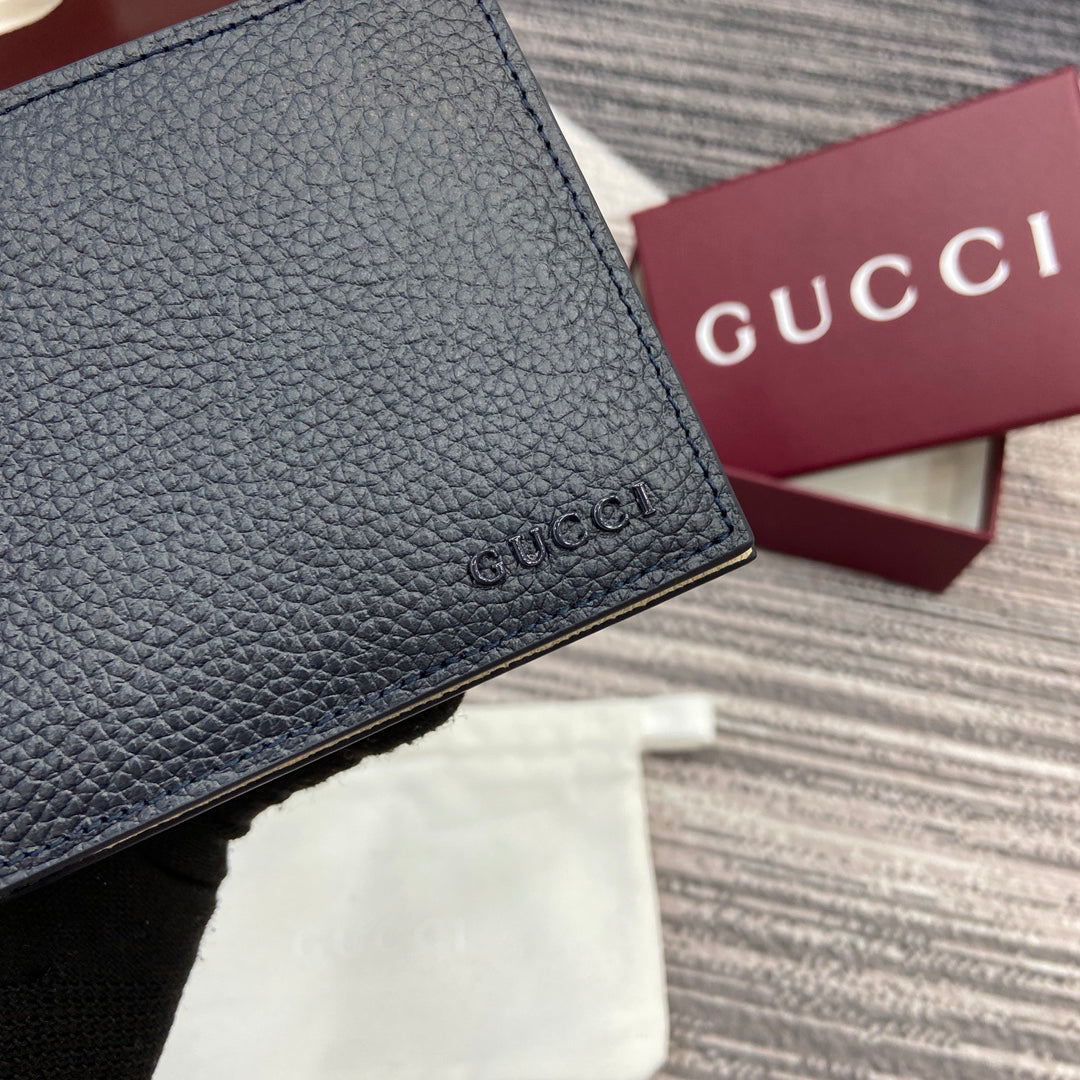 Gucci 2025 Early Spring Collection Deep Blue-Oat Calfskin Leather Bifold Wallet - Dual-Tone Motif, Refined Sophistication