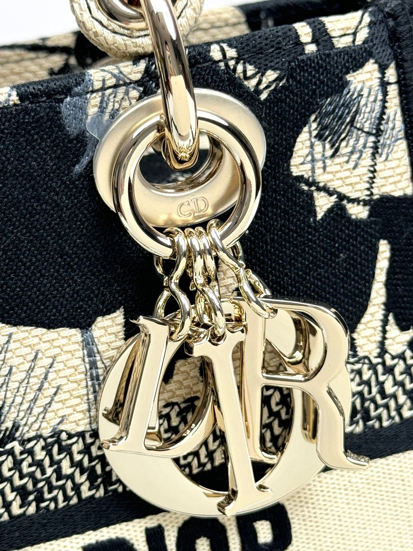 Dior Lady D-LITE Black Peony Embroidery Bag - Pietro Ruffo Collaboration with Detachable Strap & Gold D.I.O.R. Charms (Medium 24cm Artist Limited Edition)