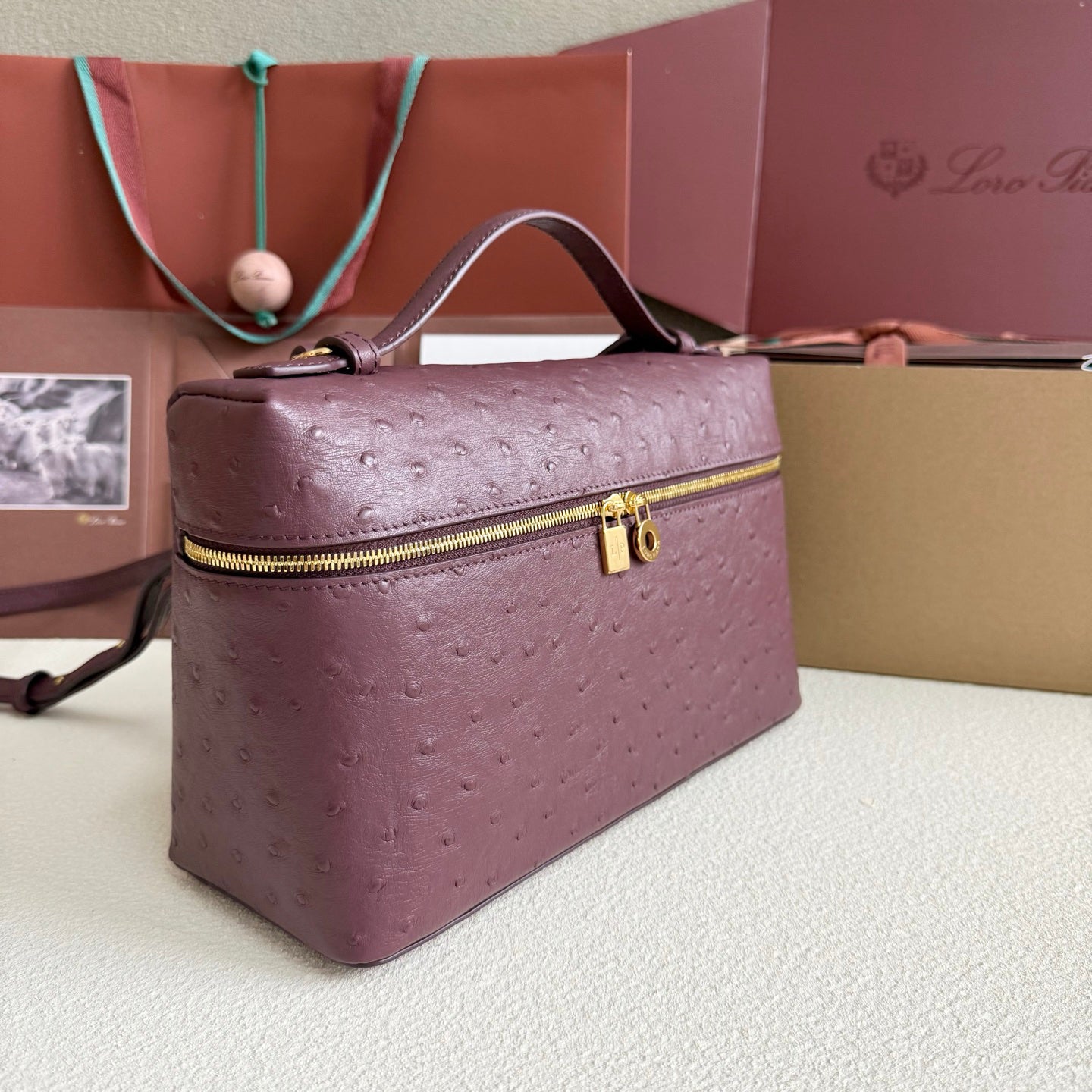 Extra cket L27 Wine Red Ostrich Leather Wide Top Handle Bag - Gold Hardware, Dual Zipper, Lambskin Lining