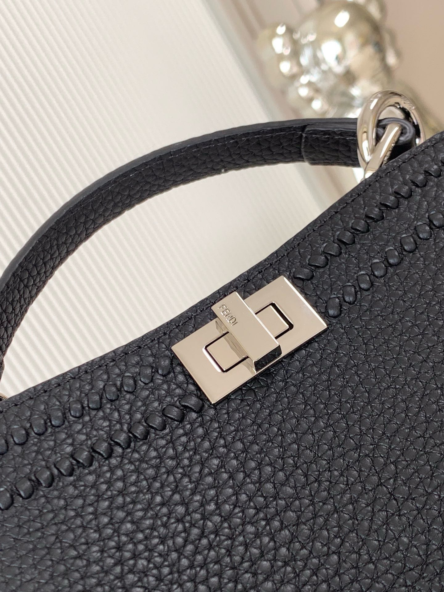 Fendi Signature FF Jacquard Woven Tote Bag in Black Cuoio Romano Calfskin Leather with Silver Hardware