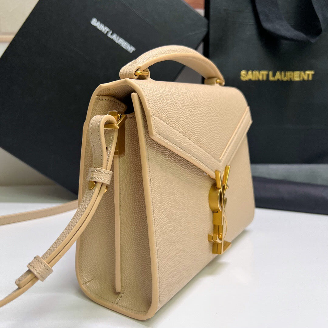 CASSANDRA Mini Grained Leather Handbag - Celebrity Same Style, Beige Caviar, YSL Turn-Lock, Adjustable Strap, Spacious Compartments