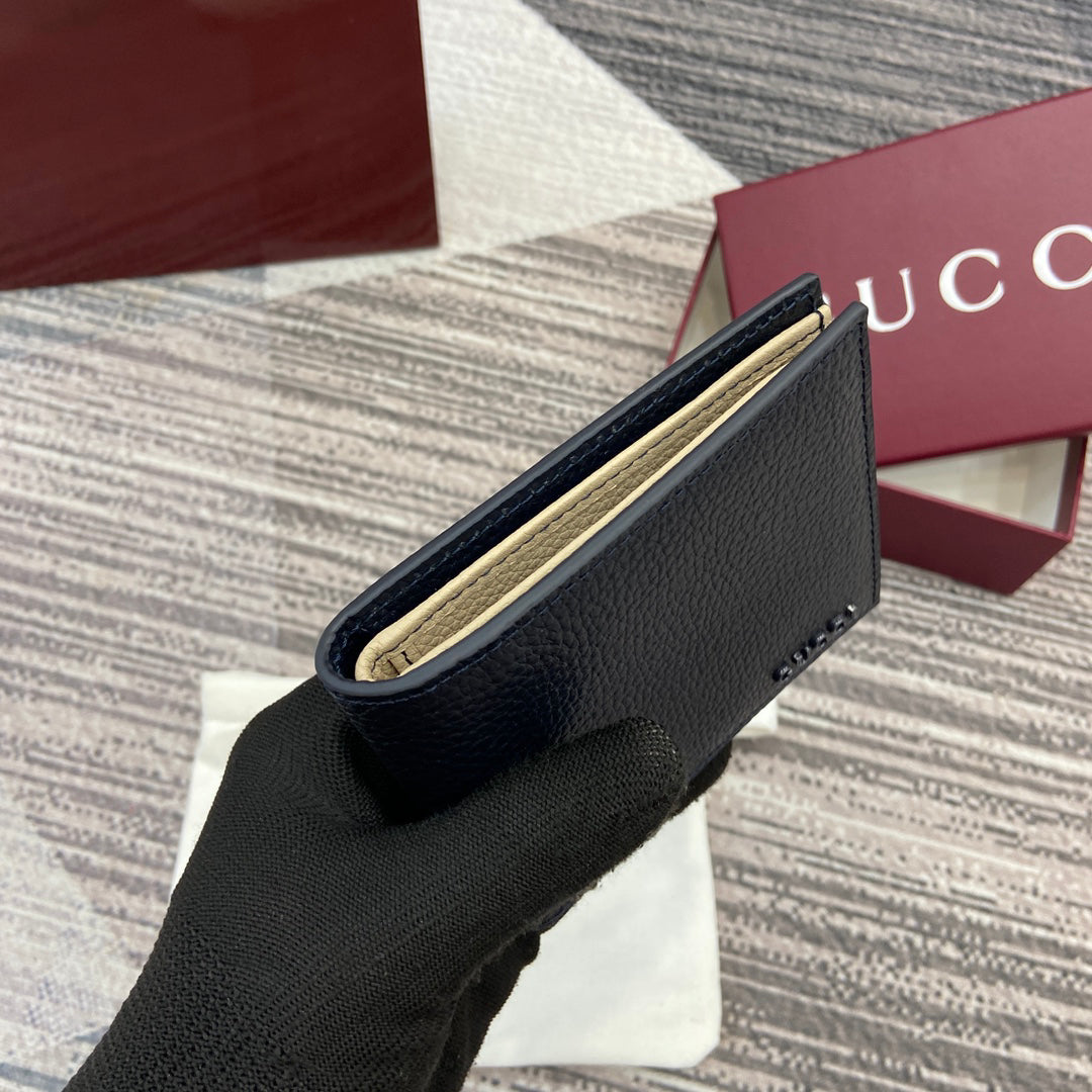 Gucci 2025 Early Spring Collection Deep Blue-Oat Calfskin Leather Bifold Wallet - Dual-Tone Motif, Refined Sophistication