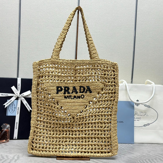 🌿 Designer Raffia Tote Bag - Deconstructed Style + Embroidered Triangle Logo | 38cm Lightweight Beach & Office Bag
