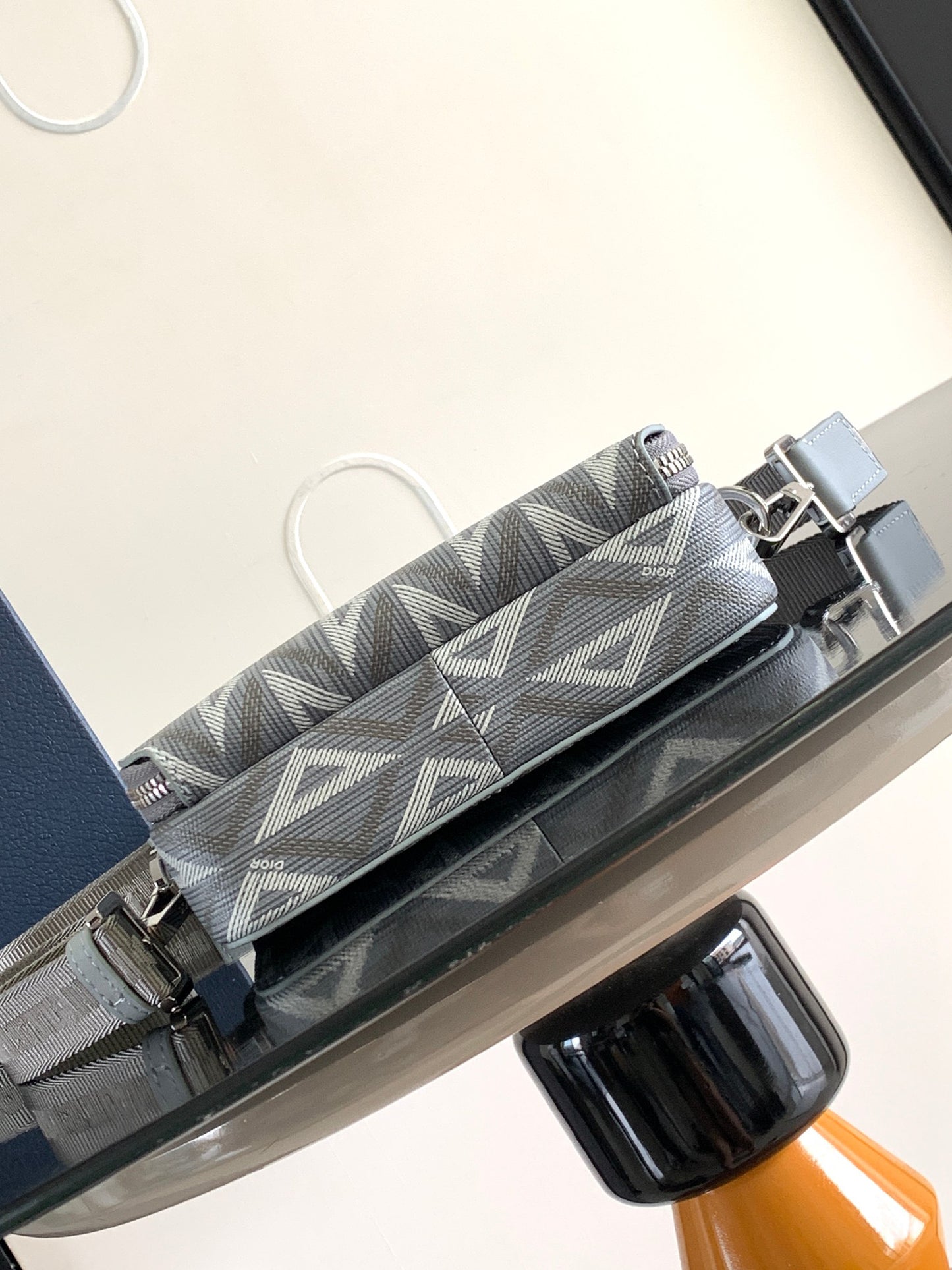 Christian Dior Gray Diamond Oblique Canvas Messenger Bag with Calfskin Leather Trim & Detachable Strap - 17 cm