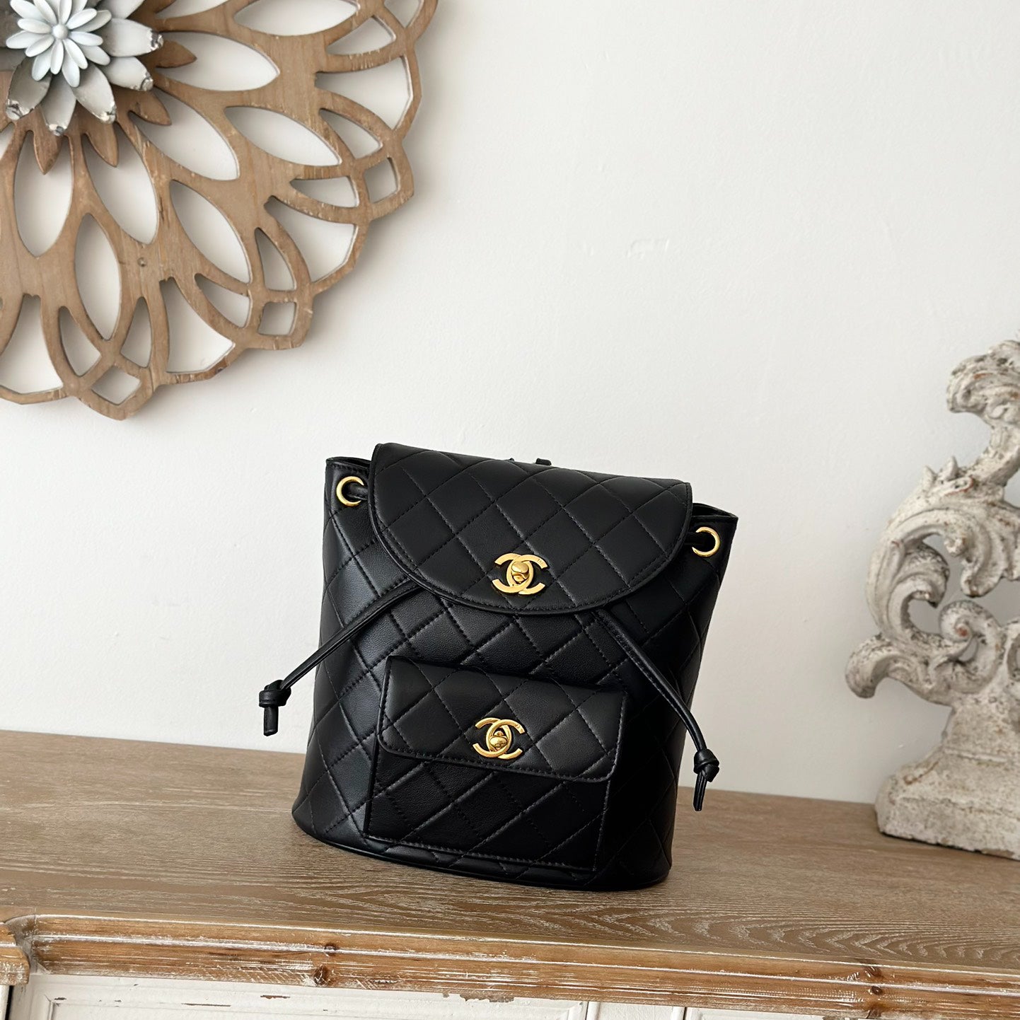 Chane Vintage Backpack | Heirloom Classic Design | Lambskin Quilted Pattern | Double C Logo Gold Chain | Black All-Season Versatile Bag