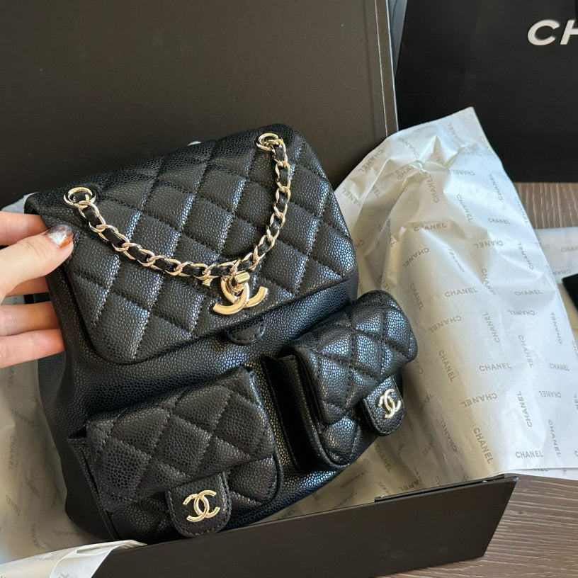 Chanel Duma "Frog" Backpack | Dual-Pocket Cute Design | Adjustable Chain/Leather Strap | 21×22cm Medium Size