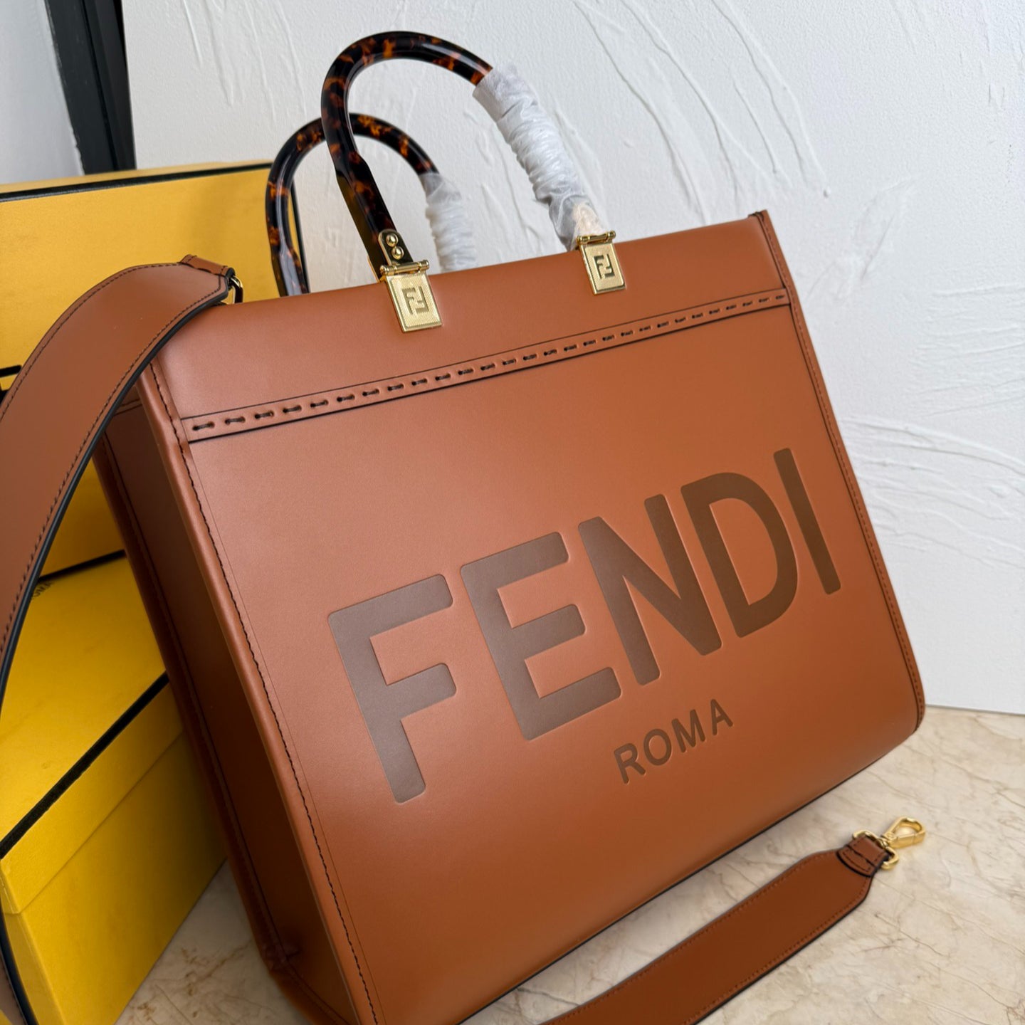 FENDI Sunshine Medium Brown Leather Tote Bag - Tortoiseshell Handles, Detachable Strap & Embossed Logo, Made in Italy