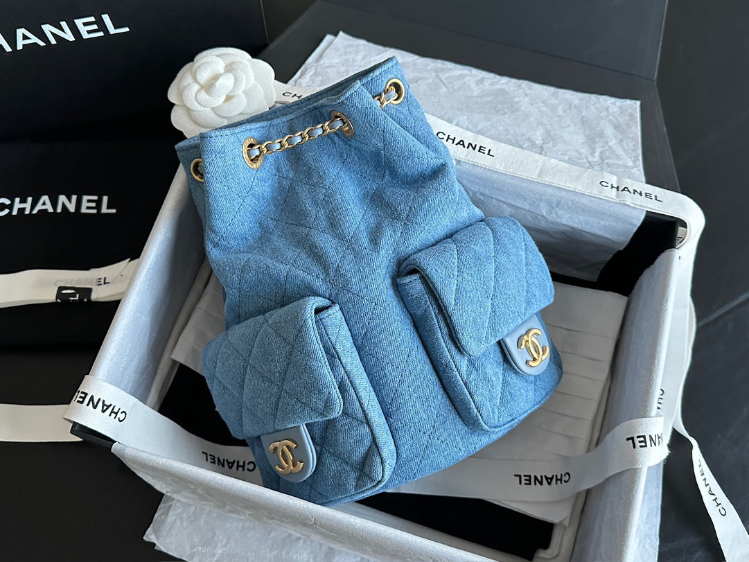 Chanel 25C Washed Denim Mini Backpack | Light Blue | Vintage Wash Original Denim | ZP-Grade Antique Brushed Gold Hardware | Limited Edition