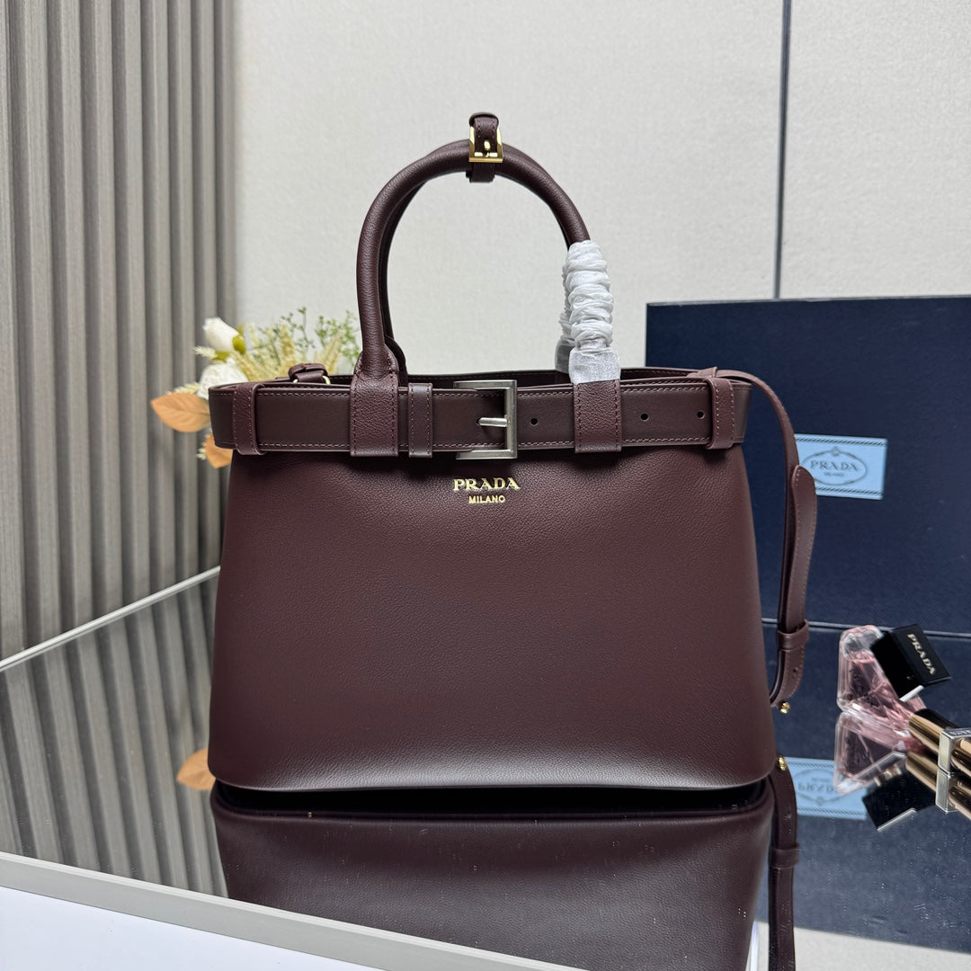 DoubleBag Small Shopper Tote 2024 | 32cm Genuine Leather + Lambskin Lining | Adjustable Strap & 3 Compartments | Belt Accent