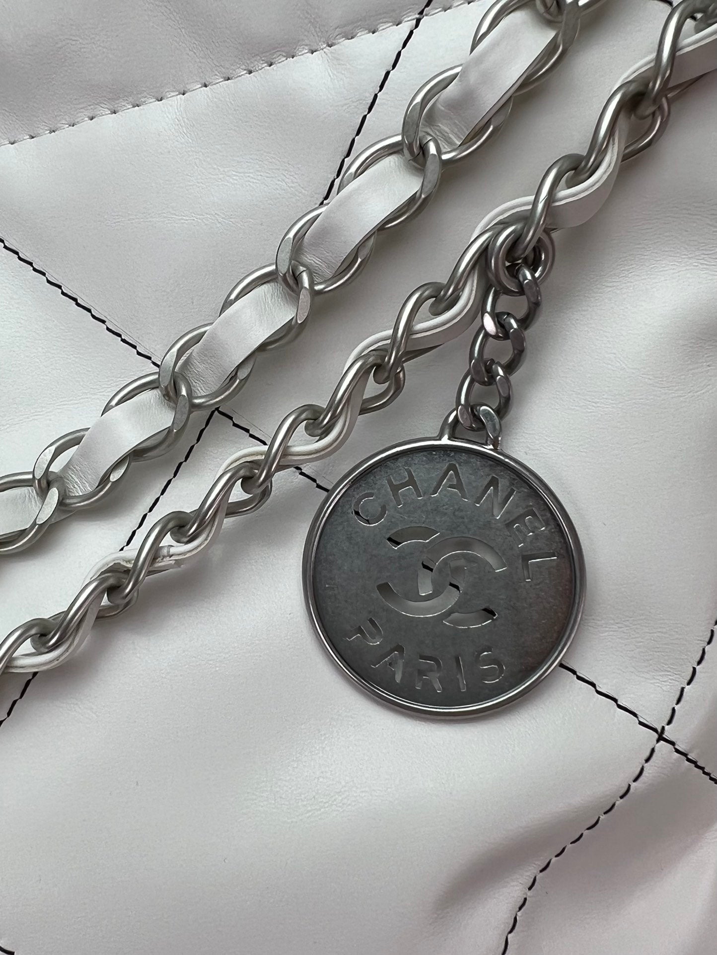 Chanel 2022 Chain-Strap Tote Bag | Vintage Brass Coin Charm & Drawstring Closure | Small 35×37×7cm Spacious Shopper