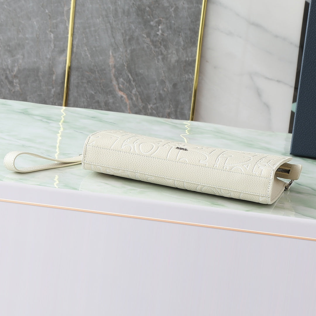 Dior A5 Triangle Clutch Bag｜Beige Gravity Outline Embossed Leather｜6 Card Slots & Detachable Wrist Strap