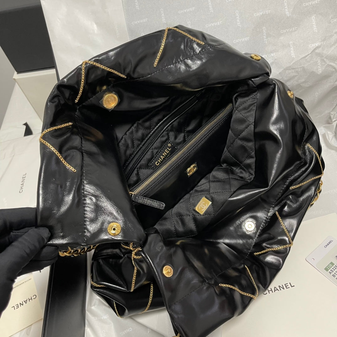Chanel 22 Bag "Trash Bag" Black & Gold | Vintage Coin Detailing & Magnetic Closure | Unisex Calfskin Luxury Tote