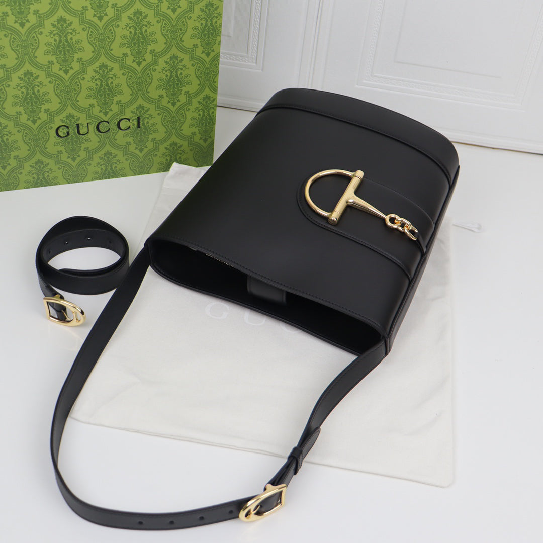 Gucci 73 Horsebit Bucket Bag 2025 Spring Summer | Black Oversized Tote with Detachable Strap | 26x27.5x11.5cm