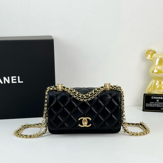 Chanel 24A Black Gold Tassel Chain Flap Bag | Classic Double Gold Pearls Design | 18*11.5cm Luxury Handbag