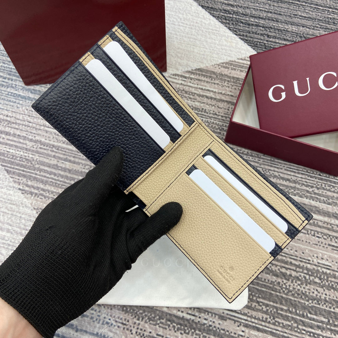 Gucci 2025 Early Spring Collection Deep Blue-Oat Calfskin Leather Bifold Wallet - Dual-Tone Motif, Refined Sophistication