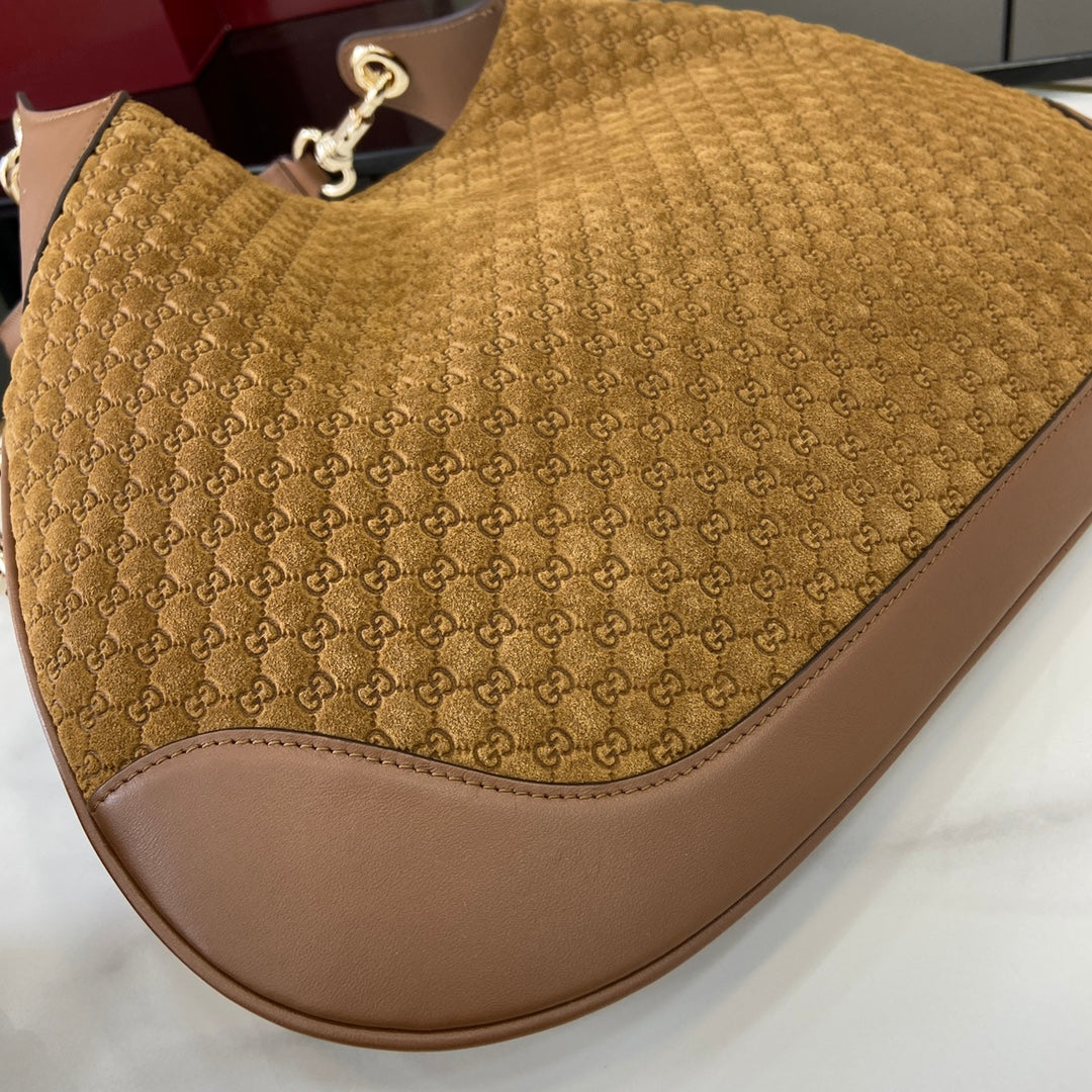 Gucci Body Double-Lock Shoulder Bag - Vintage 1950s Inspired Brown GG Suede with Adjustable Strap