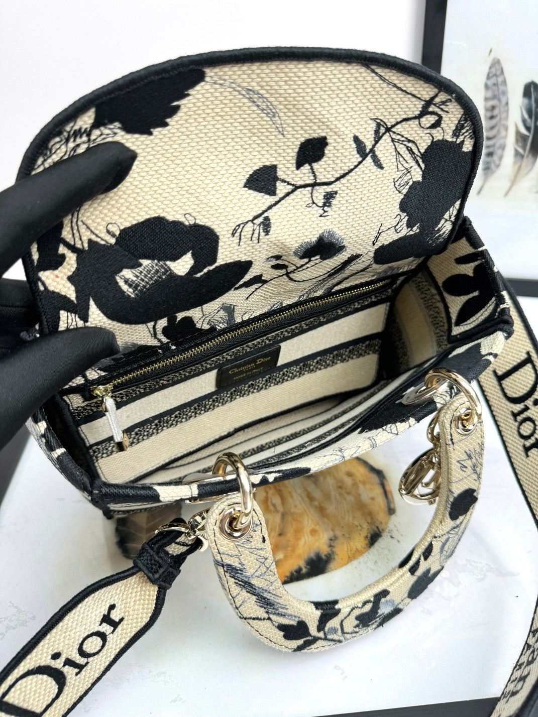 Dior Lady D-LITE Black Peony Embroidery Bag - Pietro Ruffo Collaboration with Detachable Strap & Gold D.I.O.R. Charms (Medium 24cm Artist Limited Edition)