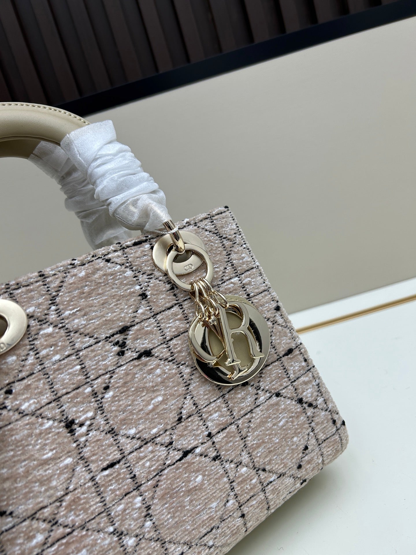 DIOR 2023 Tweed Freedom Edition Handbag | 20cm Black Cannage Embroidery with Gold Chain