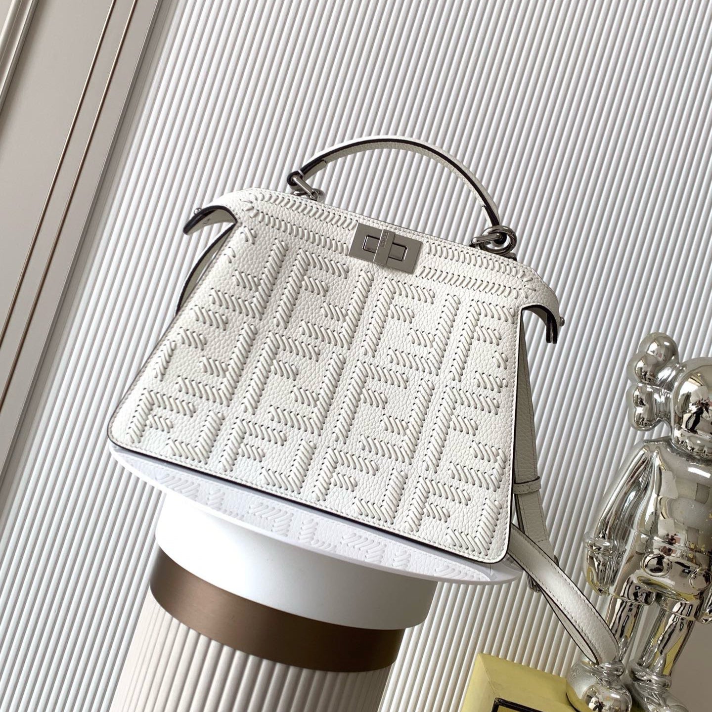 Fendi Peekaboo ISeeU Small Bag - White Cuoio Romano Calfskin | Handwoven FF Motif | Adjustable Strap