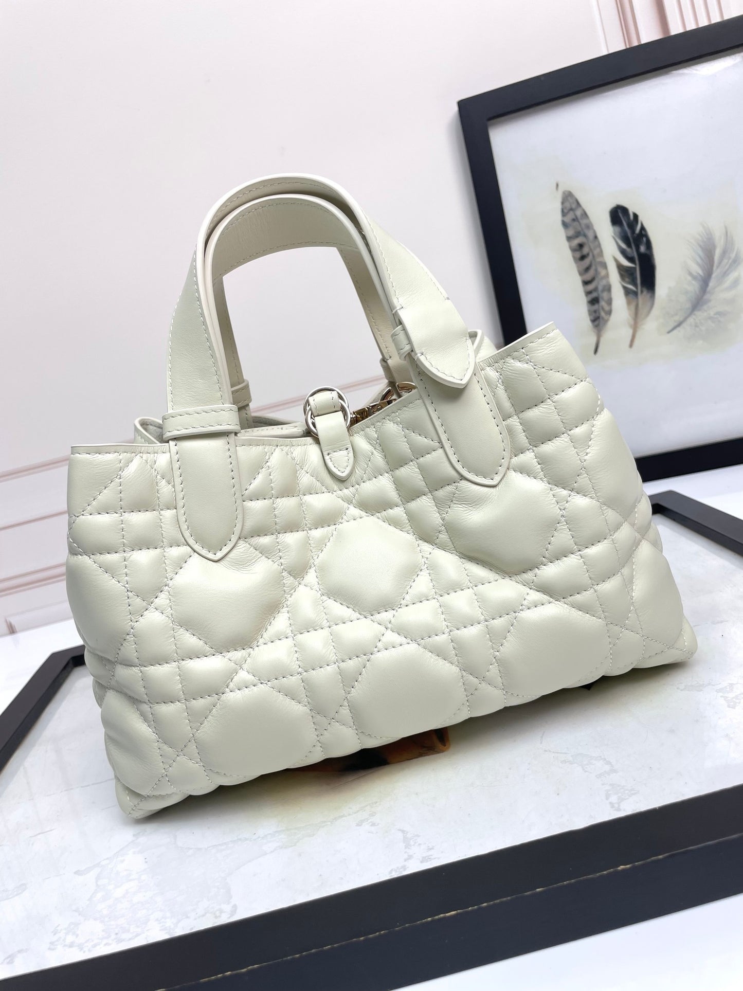 Dior Toujours White Large Cannage Quilted Handbag | Lamb Leather Lining | Imported Hardware | Small 23cm Tote Bag