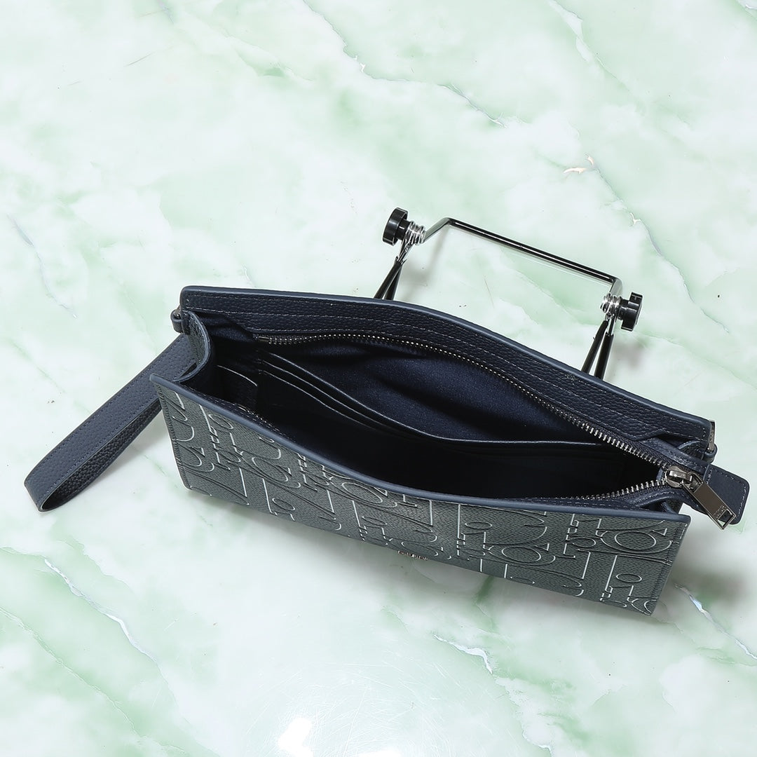 Dior Navy Blue A5 Triangle Clutch｜3D Gravity Embossed Leather｜6 Card Slots & Detachable Strap