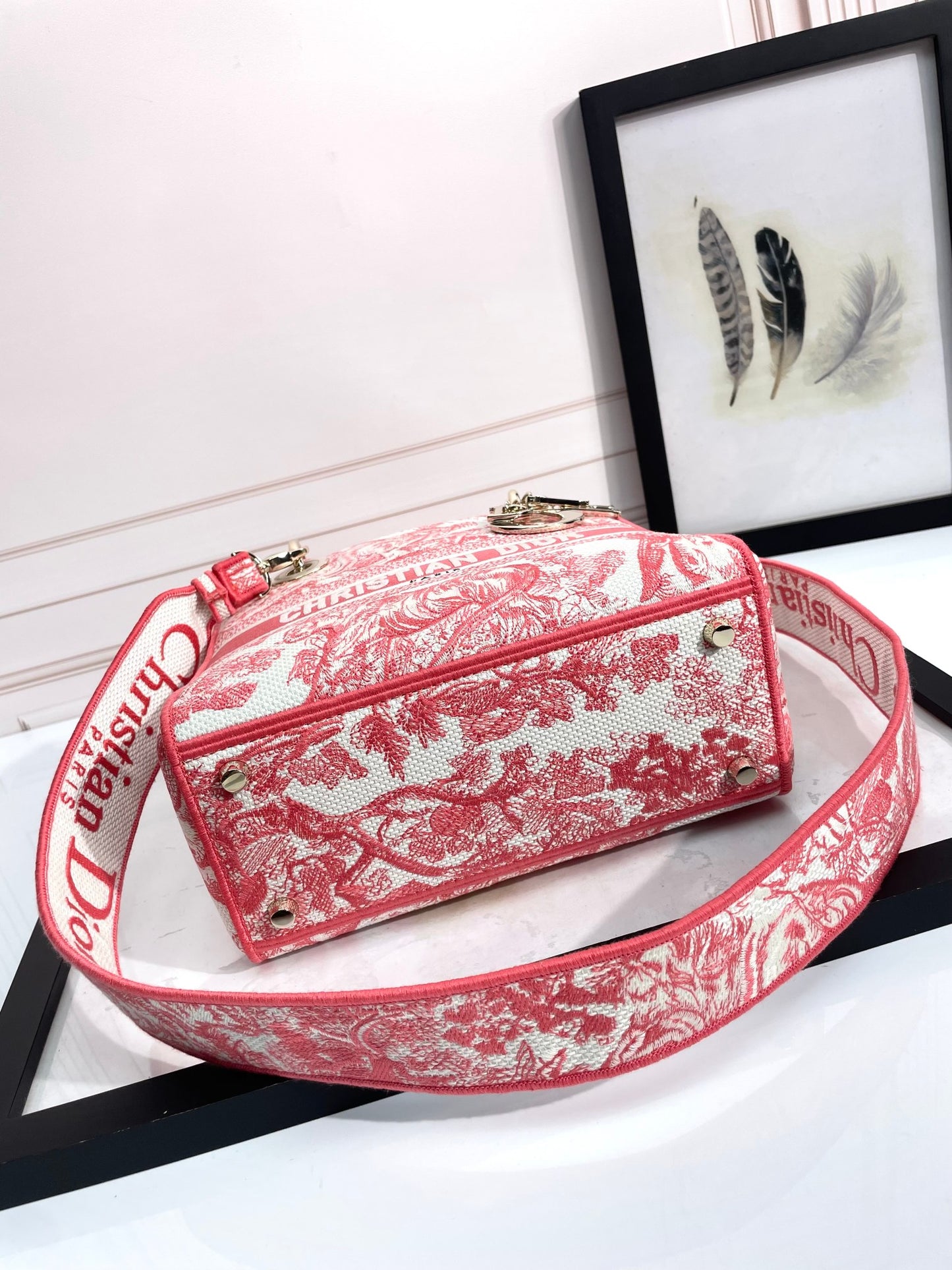 Dior Lady D-LITE Plum Tiger Embroidery Bag D6814 - Pietro Ruffo Sunset Collection with Magnetic Detachable Strap & D.I.O.R. Charms (Limited 24cm Cannage Bag)