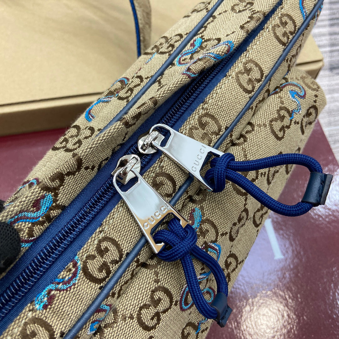 Gucci 2025 Early Spring Men's Snake Embroidery Contrast Backpack in Beige/Dark Brown/Blue