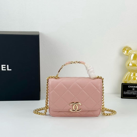 Chanel 22S Blush Pink Enamel Handle Bag | Mini Sweet Crossbody | Gold Logo & Woven Strap