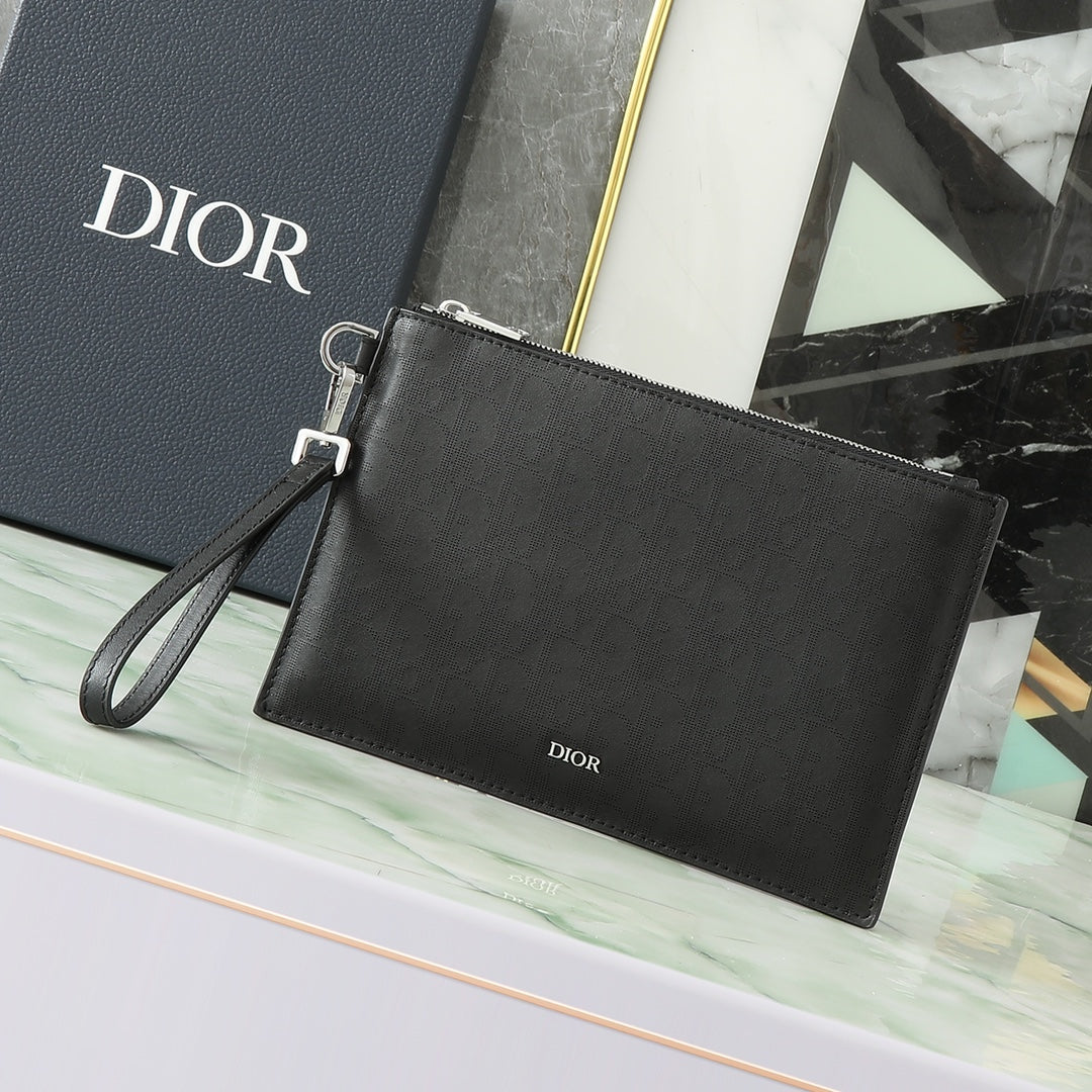 Dior A5 Clutch Bag｜Black Oblique Galaxy Embossed Calfskin｜Zip Compartment & 4 Card Slots｜Brass Dior Monogram