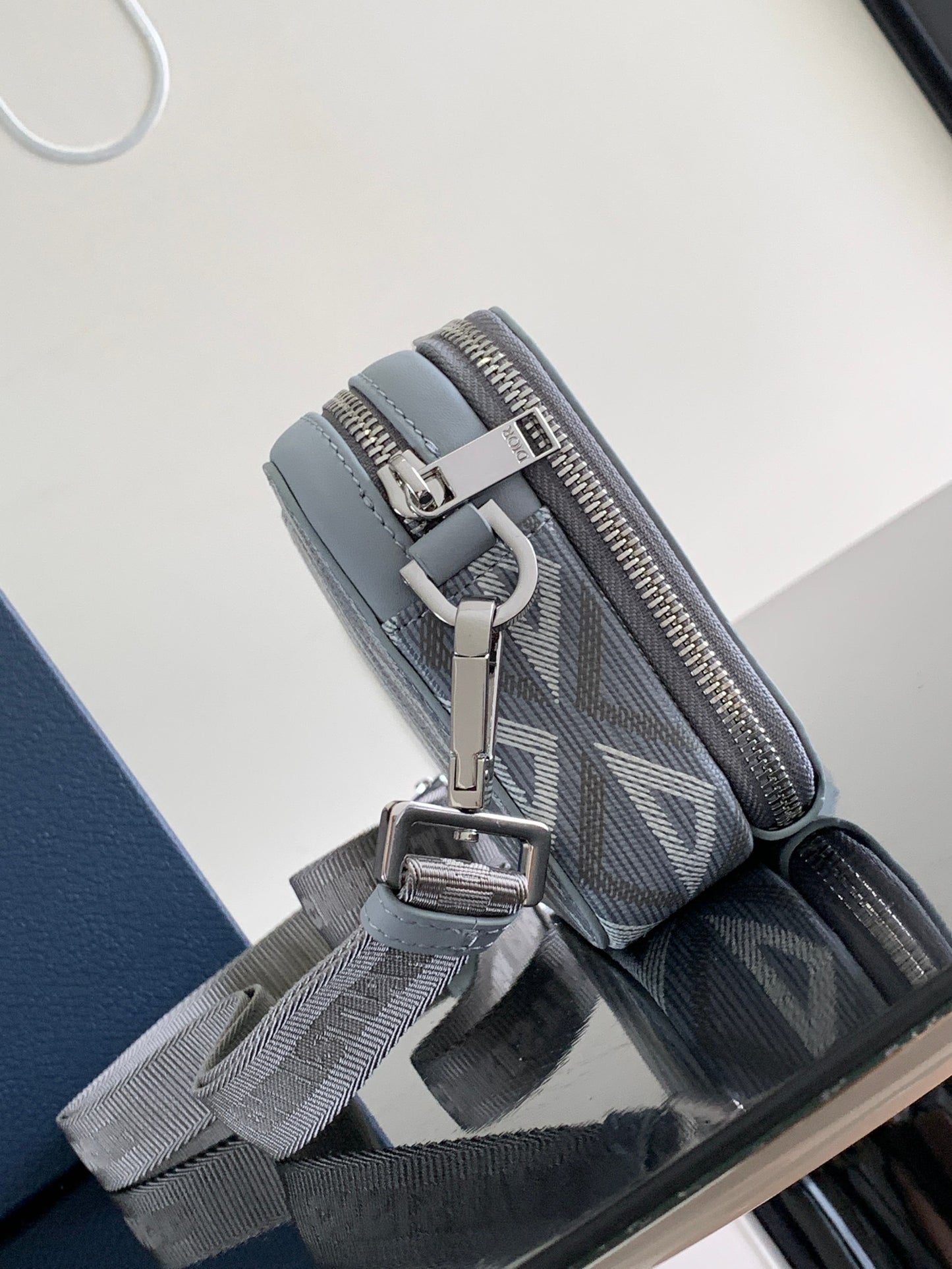 Christian Dior Gray Diamond Oblique Canvas Messenger Bag with Calfskin Leather Trim & Detachable Strap - 17 cm