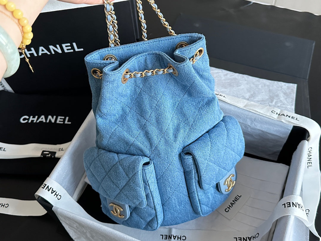 Chanel 25C Washed Denim Mini Backpack | Light Blue | Vintage Wash Original Denim | ZP-Grade Antique Brushed Gold Hardware | Limited Edition