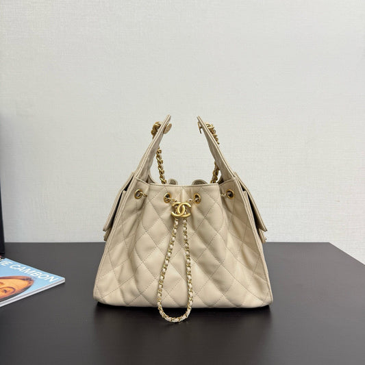 25C HOBO Adjustable Chain Bucket Bag - Genuine Leather Multi-functional Crossbody Travel Bag with Dual Side Pockets (30*26*14cm)