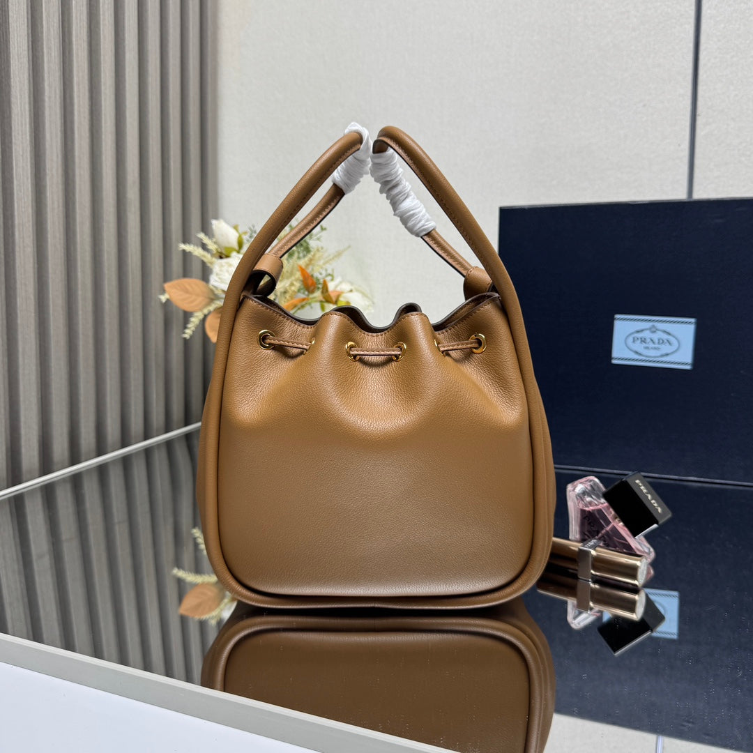 Caramel Calfskin Bucket Bag with Detachable Strap - Multiway Handbag & Crossbody | 22x21x10.5cm Large Tote