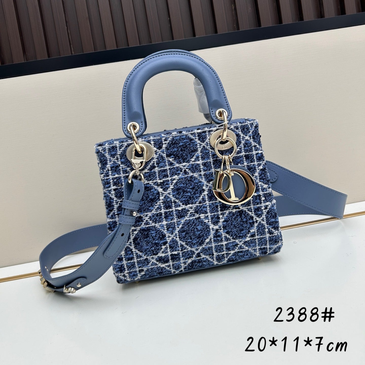 DIOR 2024 Early Spring New Arrival Black Tweed Cannage Embroidery Handbag with Pale Gold Charm, 20cm