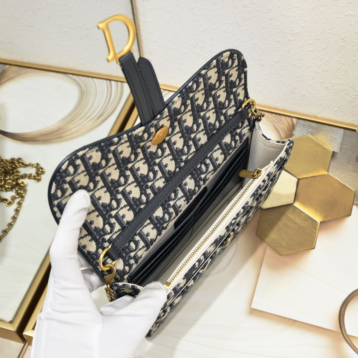 Dior Saddle Blue Oblique Jacquard Calfskin Wallet on Chain Clutch - Detachable Strap/Vintage Gold Hardware/Multi-Compartment