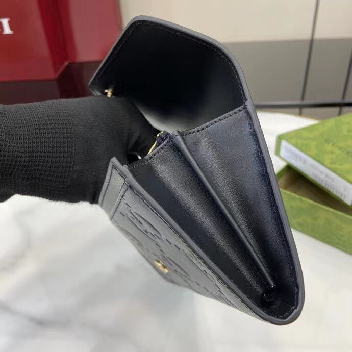 Gucci GG Monogram Long Wallet | Black Pebbled Leather with Antique Gold Closure | 19x10x3cm