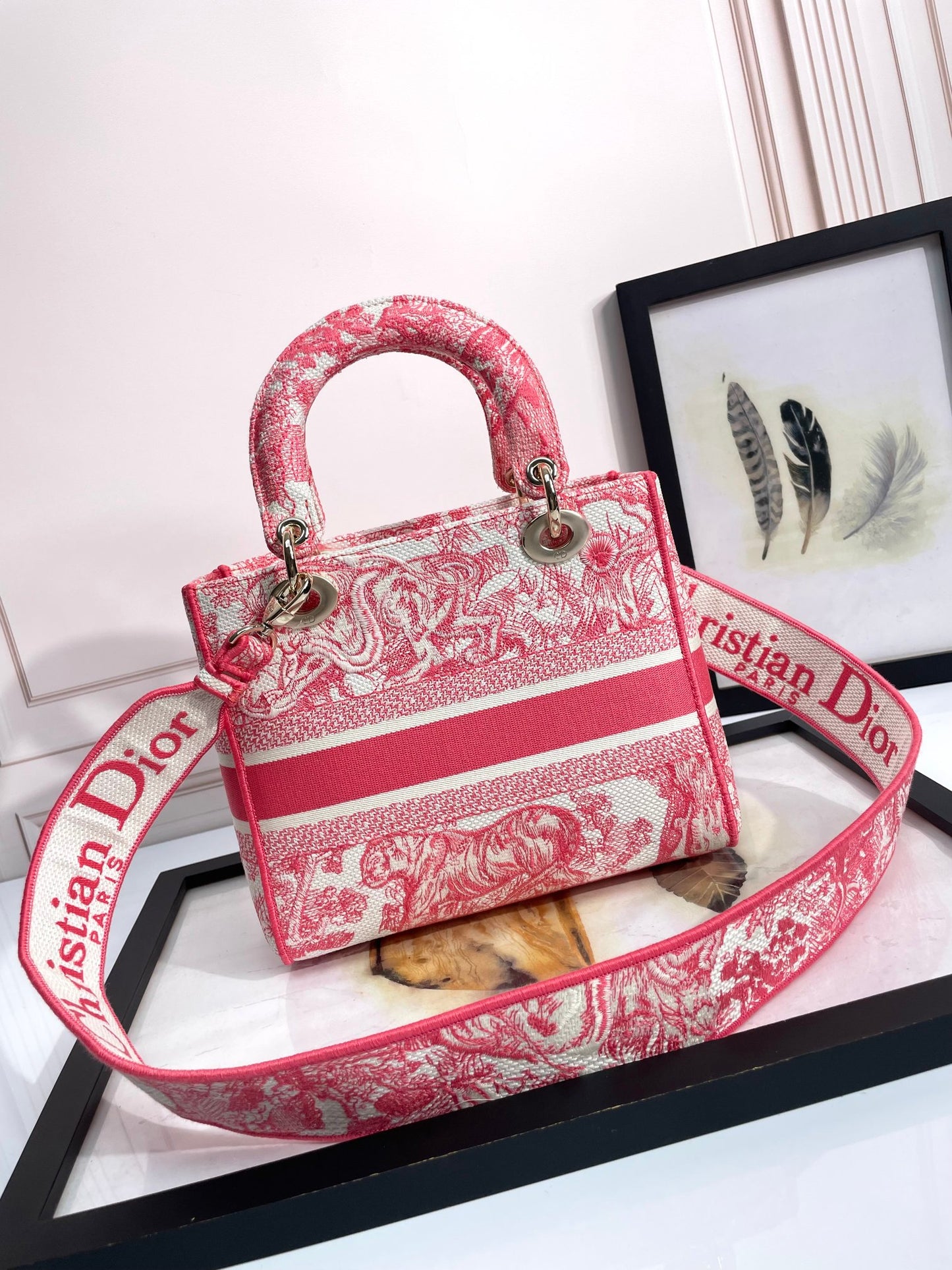 Dior Lady D-LITE Plum Tiger Embroidery Bag D6814 - Pietro Ruffo Sunset Collection with Magnetic Detachable Strap & D.I.O.R. Charms (Limited 24cm Cannage Bag)