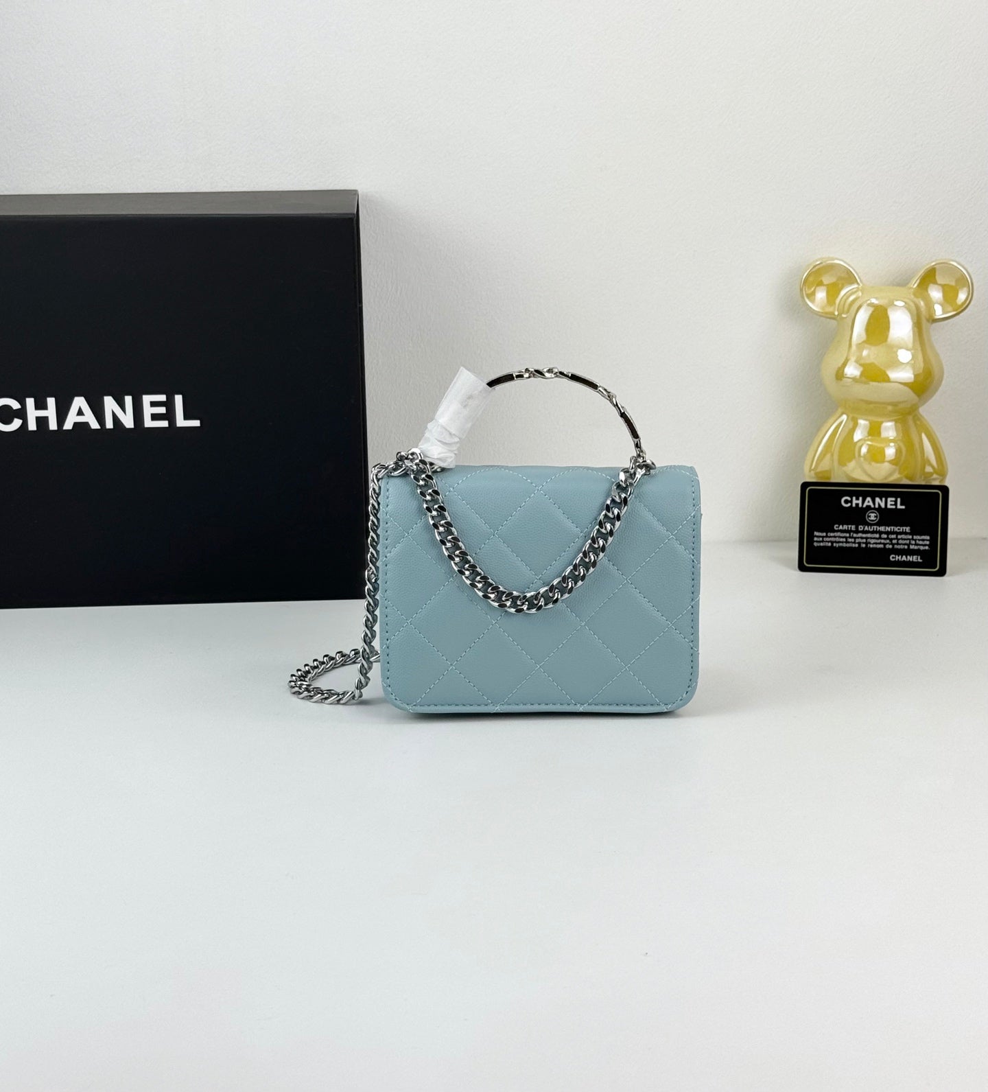 Chanel 22S White Enamel Handle Bag | Mini Sweet & Chic Crossbody | Detachable Woven Strap & Silver Logo