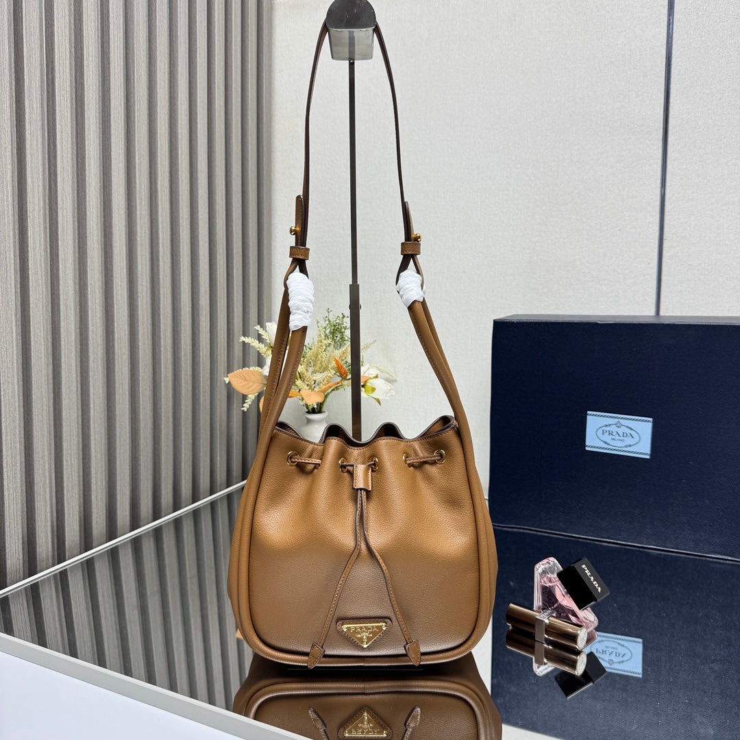 Caramel Calfskin Bucket Bag with Detachable Strap - Multiway Handbag & Crossbody | 22x21x10.5cm Large Tote