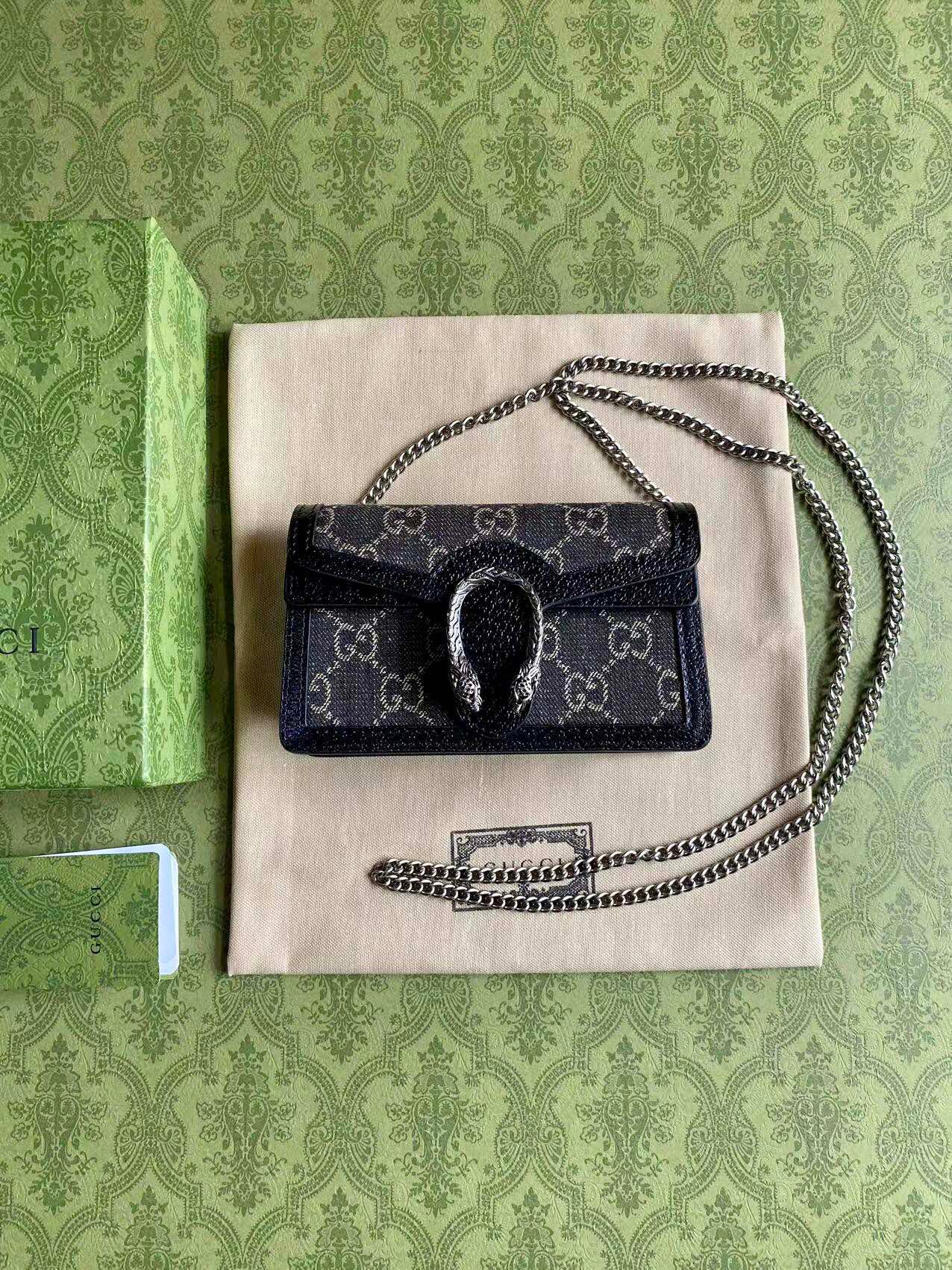 Gucci Dionysus Black Denim Mini Chain Bag Tiger Head Closure Style 476432